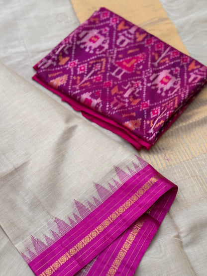 Handspun and handwoven ponduru Khadhi cotton saree with silk dobby border in contrast pink
