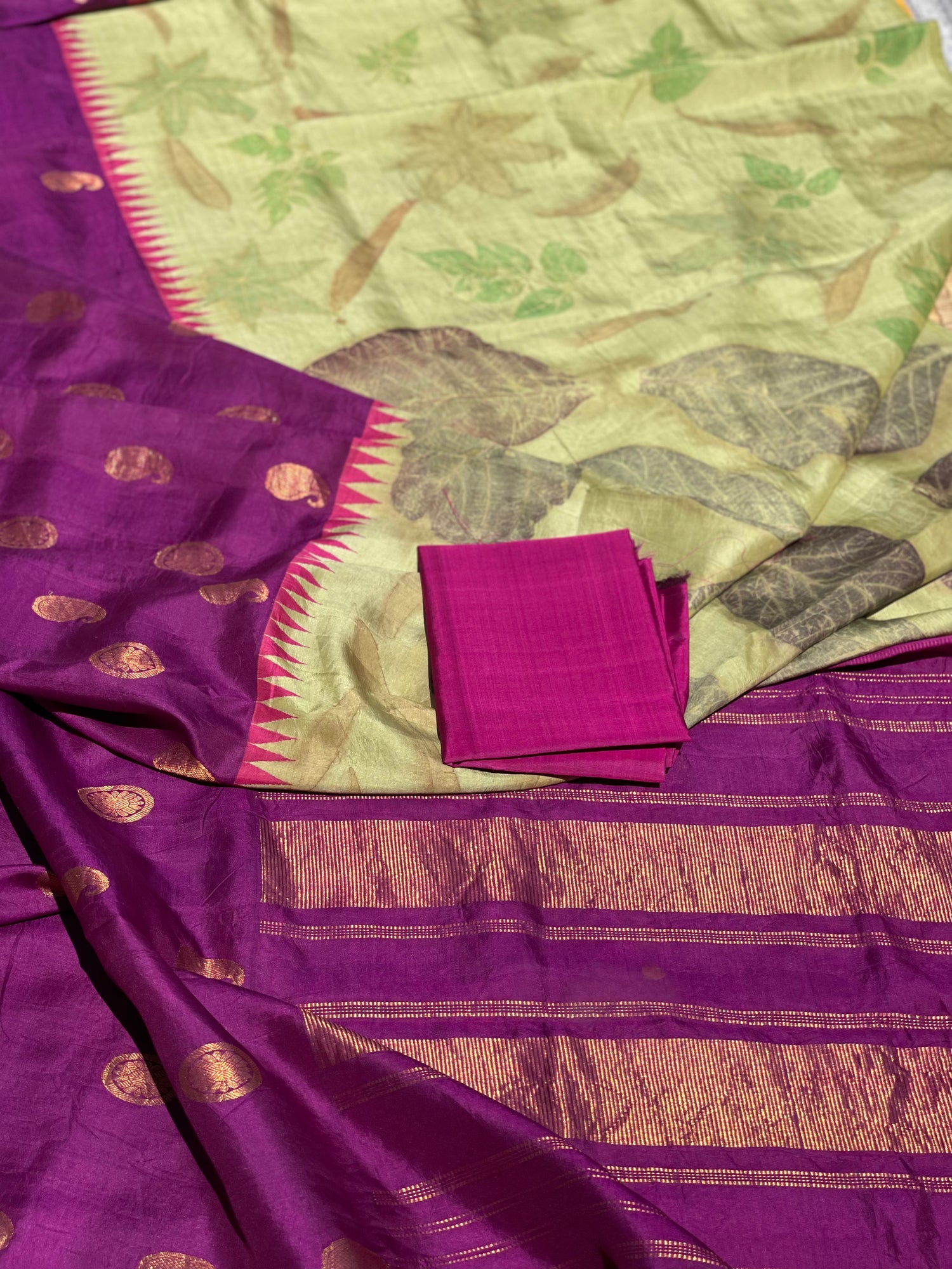 Tharagai Fusion Ecoprints on Kanchivaram silk saree