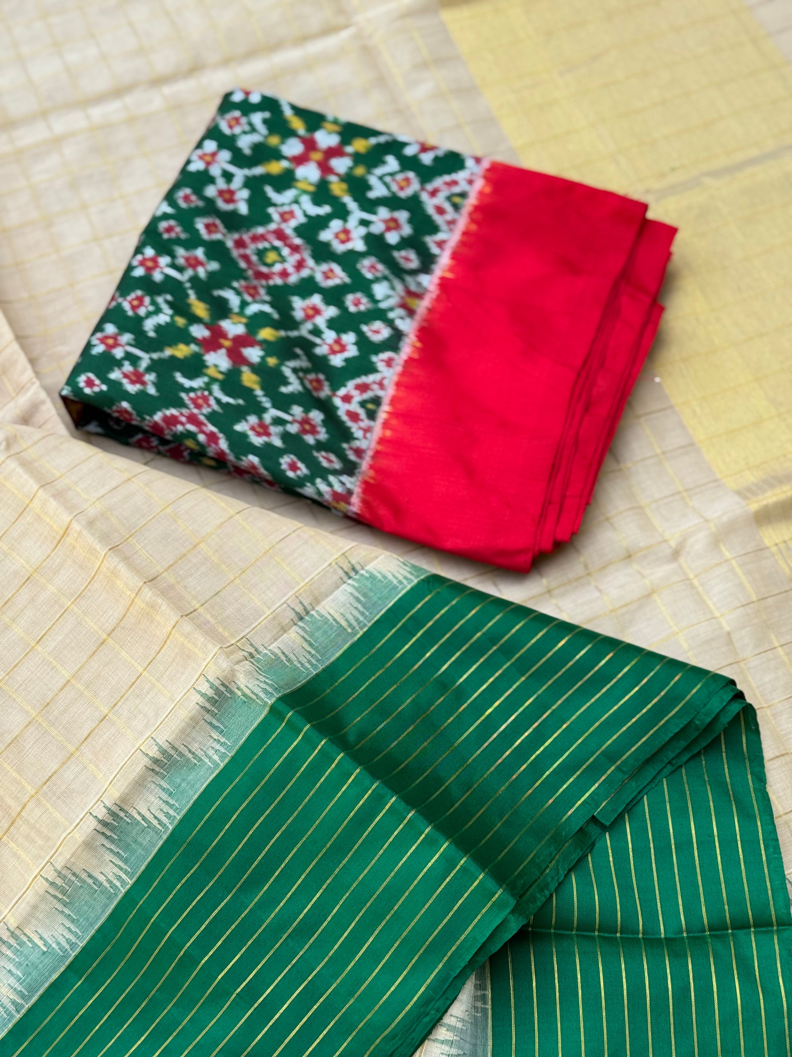 Handspun and handwoven ponduru Khadhi cotton saree with silk bordr and zari checks