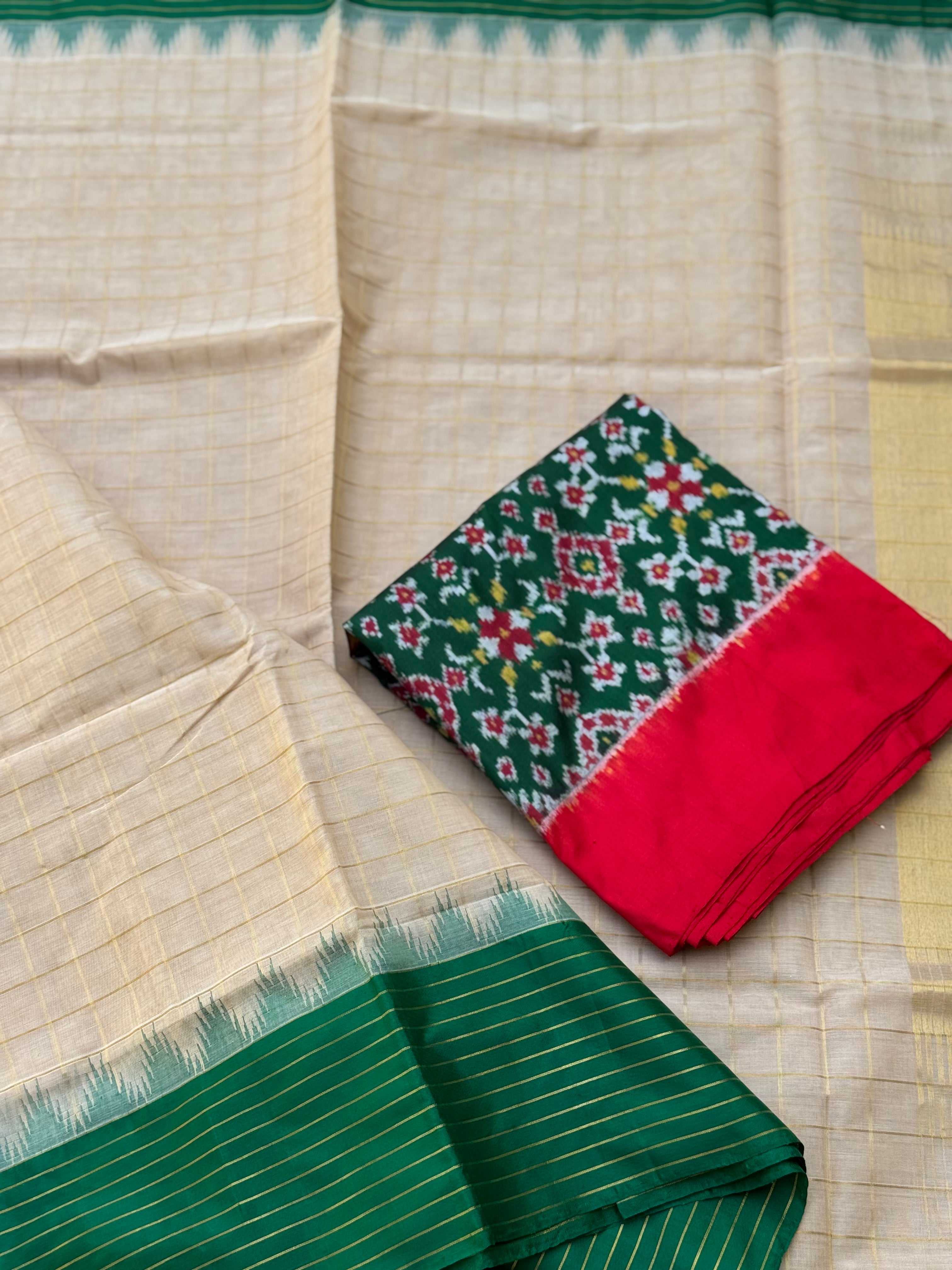 Handspun and handwoven ponduru Khadhi cotton saree with silk bordr and zari checks