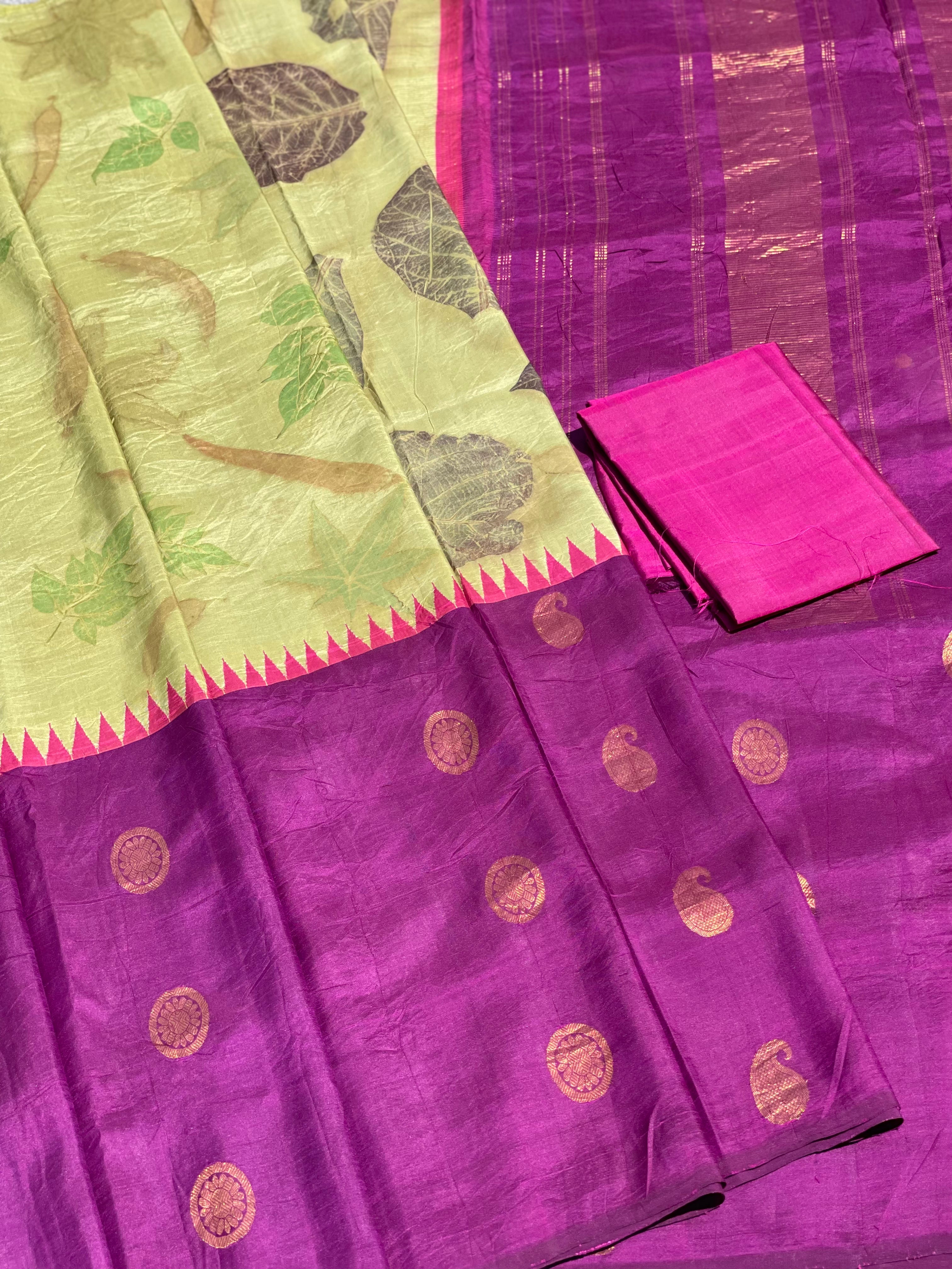 Tharagai Fusion Ecoprints on Kanchivaram silk saree