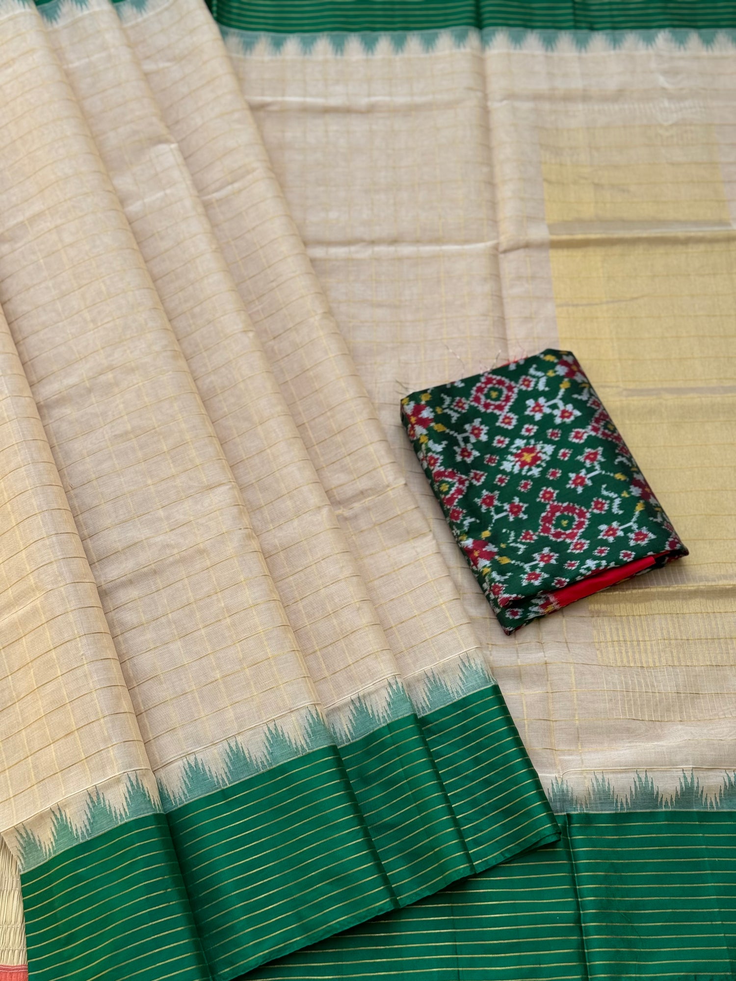 Handspun and handwoven ponduru Khadhi cotton saree with silk bordr and zari checks