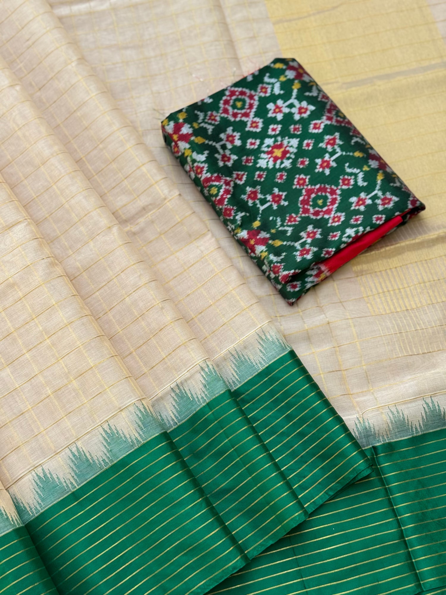 Handspun and handwoven ponduru Khadhi cotton saree with silk bordr and zari checks