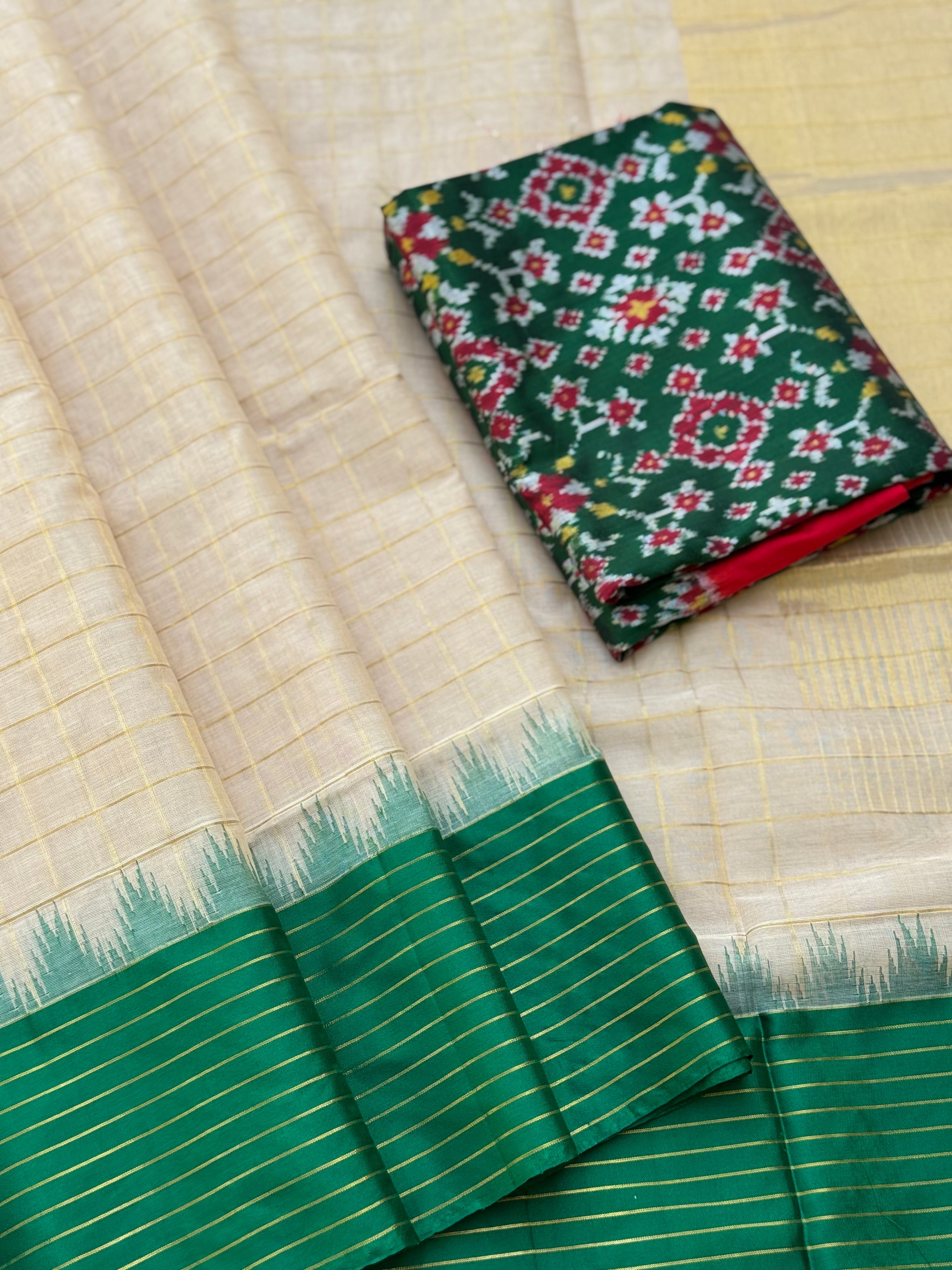 Handspun and handwoven ponduru Khadhi cotton saree with silk bordr and zari checks
