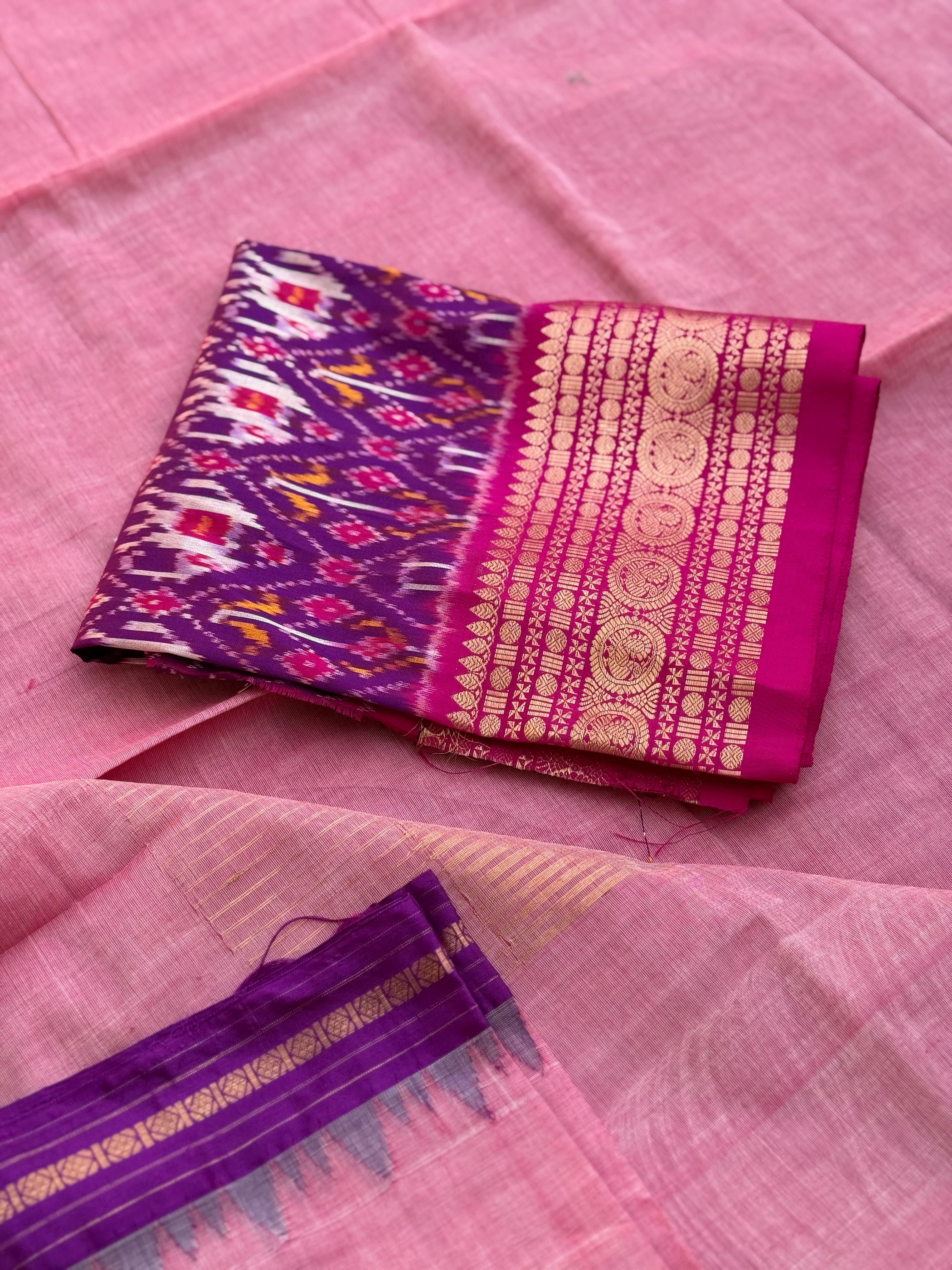 Handspun and handwoven ponduru Khadhi cotton saree with silk dobby border in contrast pink