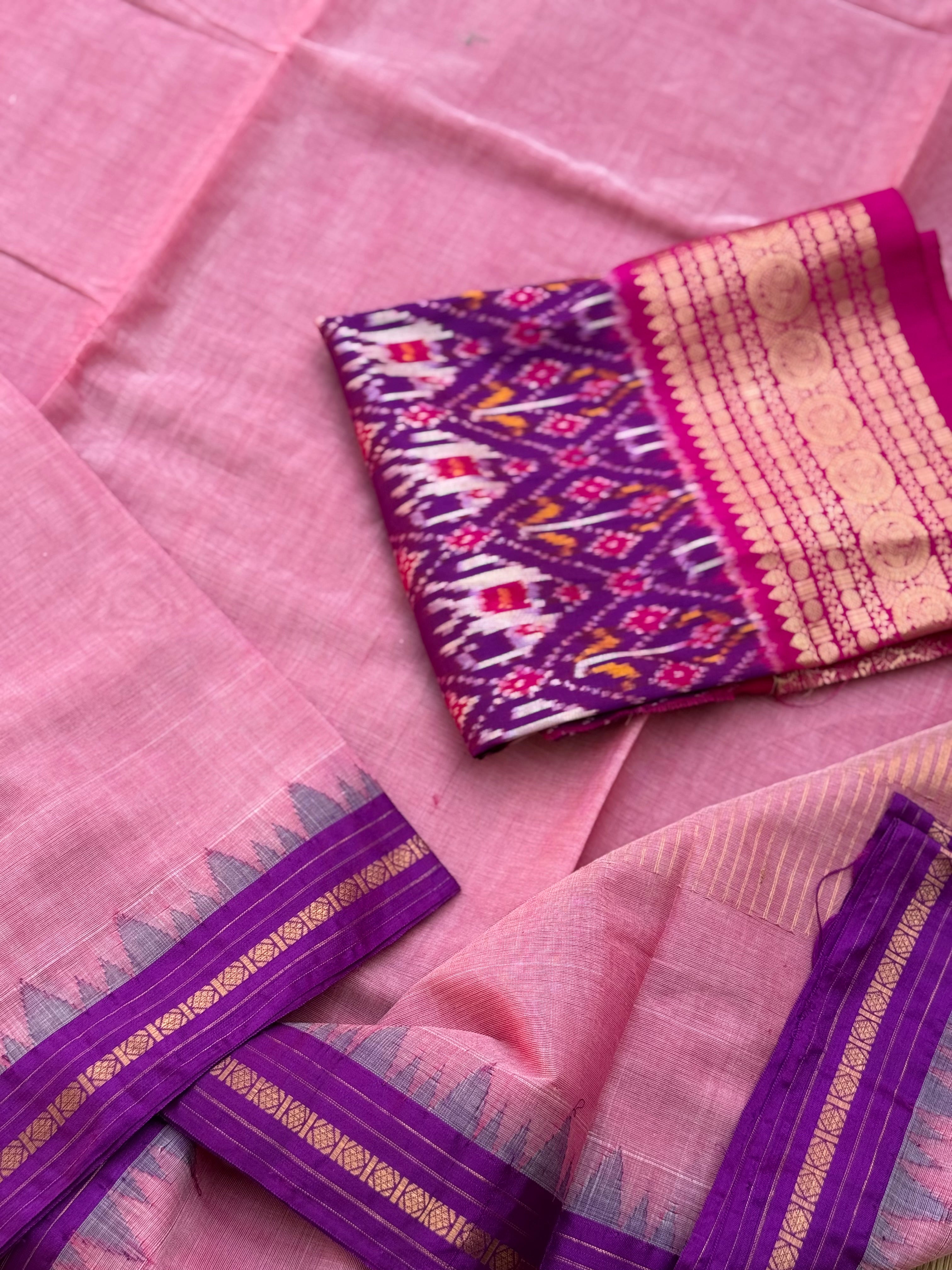 Handspun and handwoven ponduru Khadhi cotton saree with silk dobby border in contrast pink