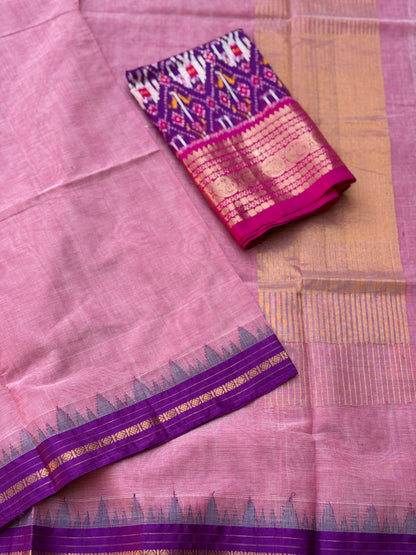 Handspun and handwoven ponduru Khadhi cotton saree with silk dobby border in contrast pink