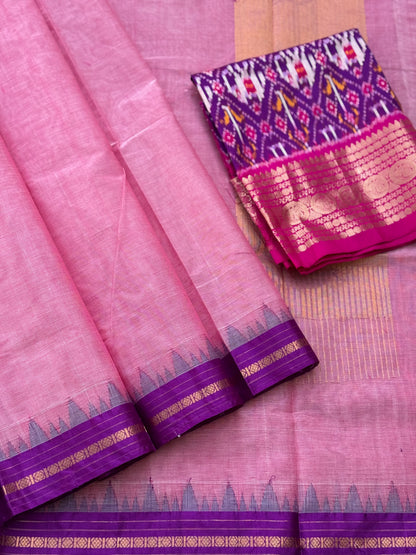 Handspun and handwoven ponduru Khadhi cotton saree with silk dobby border in contrast pink