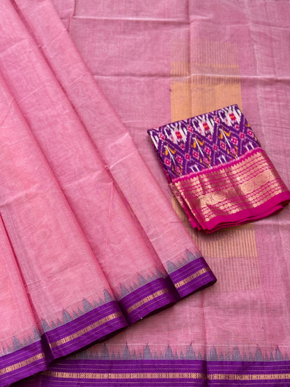 Handspun and handwoven ponduru Khadhi cotton saree with silk dobby border in contrast pink
