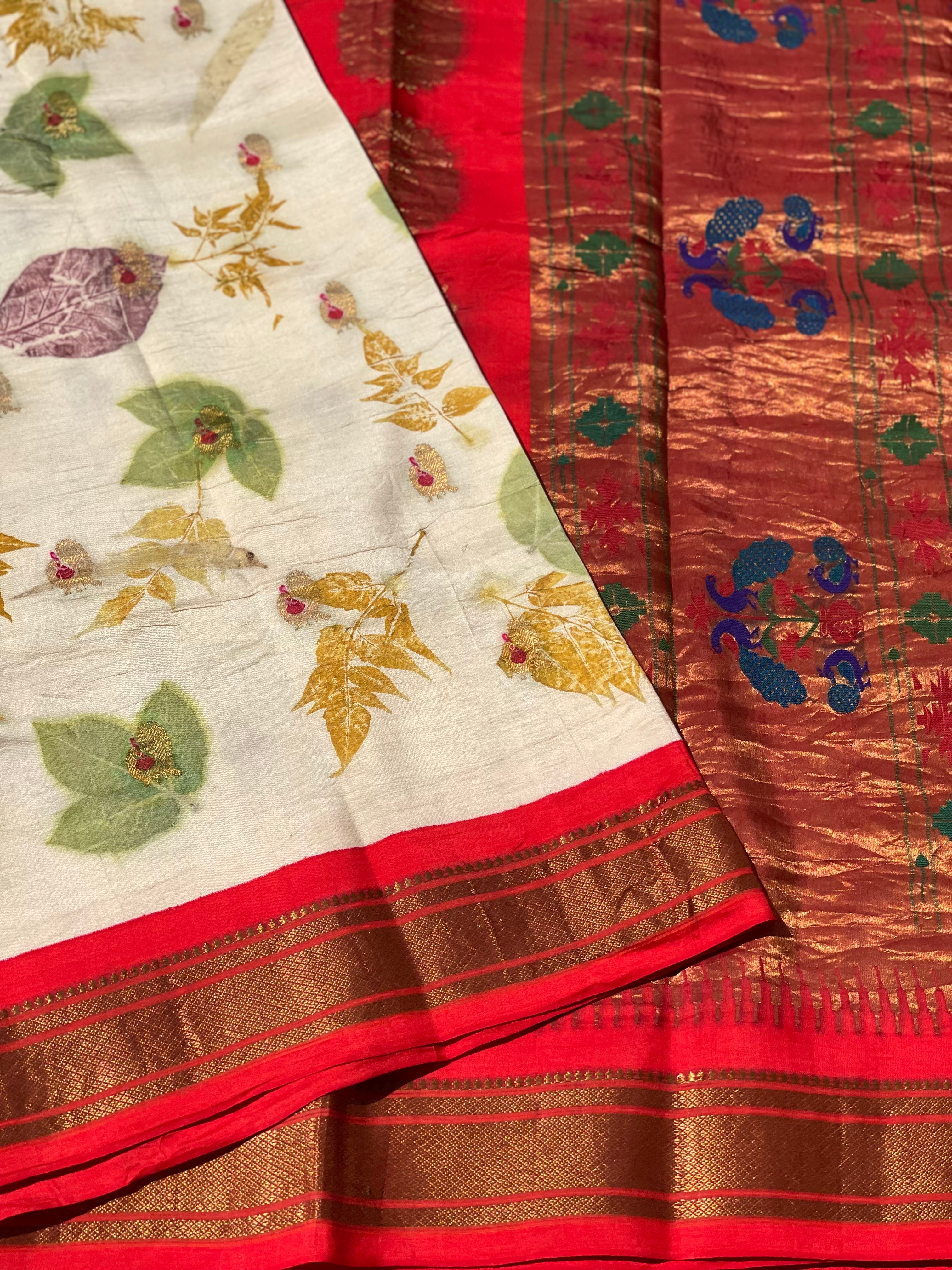 Natural Eco Prints On Meenakari Paithani silk Saree