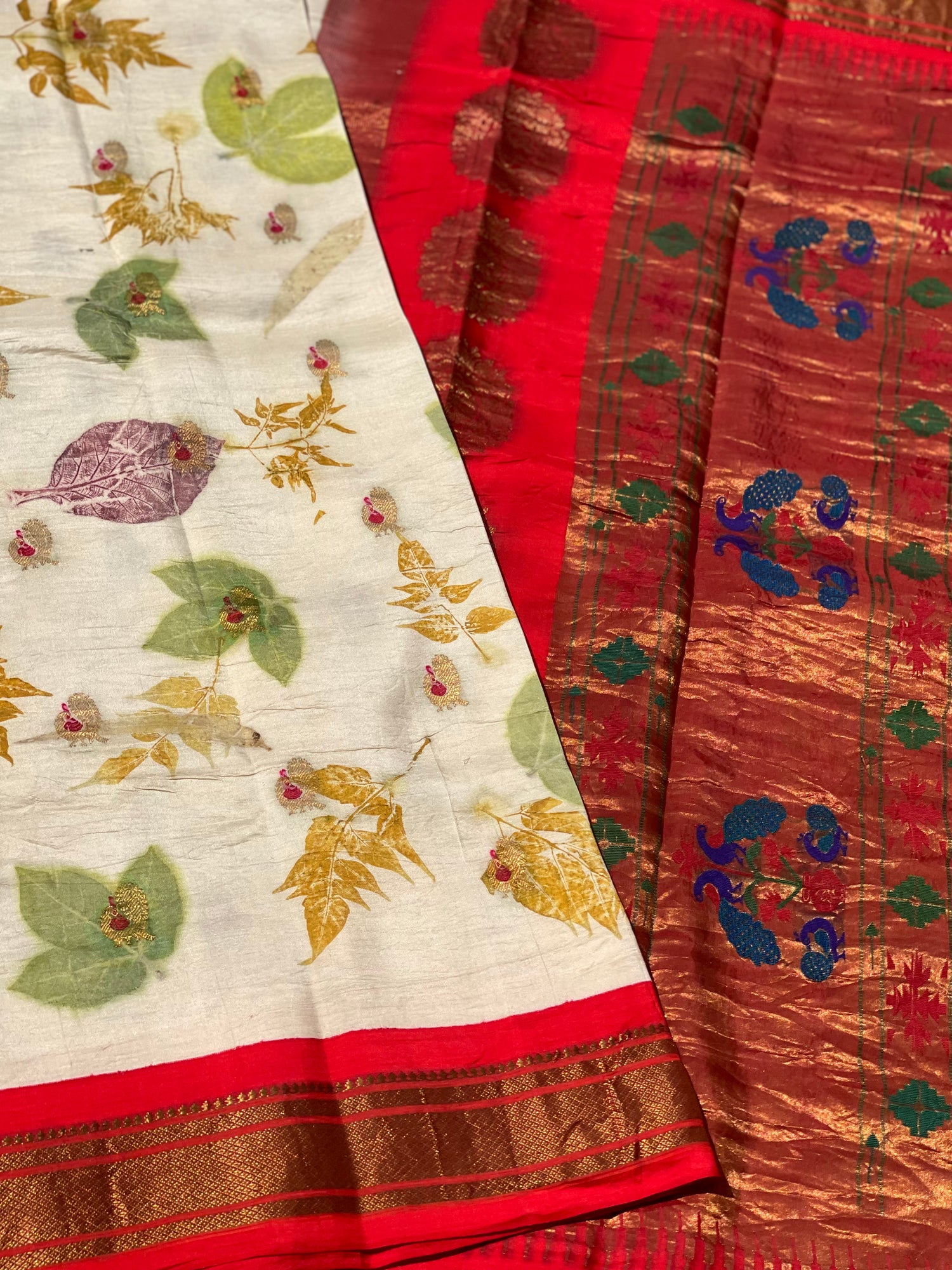 Natural Eco Prints On Meenakari Paithani silk Saree