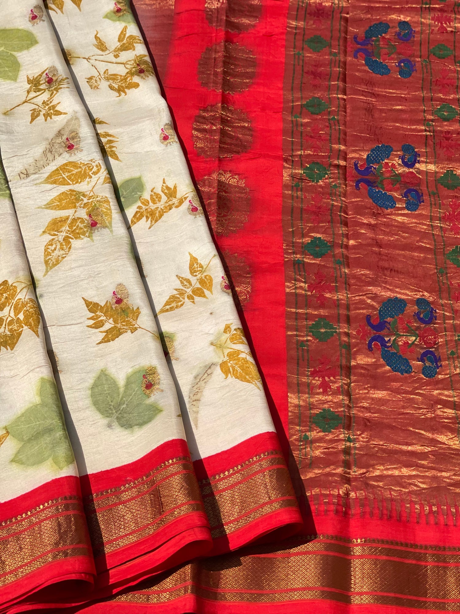 Natural Eco Prints On Meenakari Paithani silk Saree