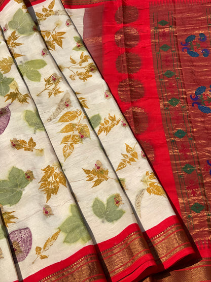 Natural Eco Prints On Meenakari Paithani silk Saree