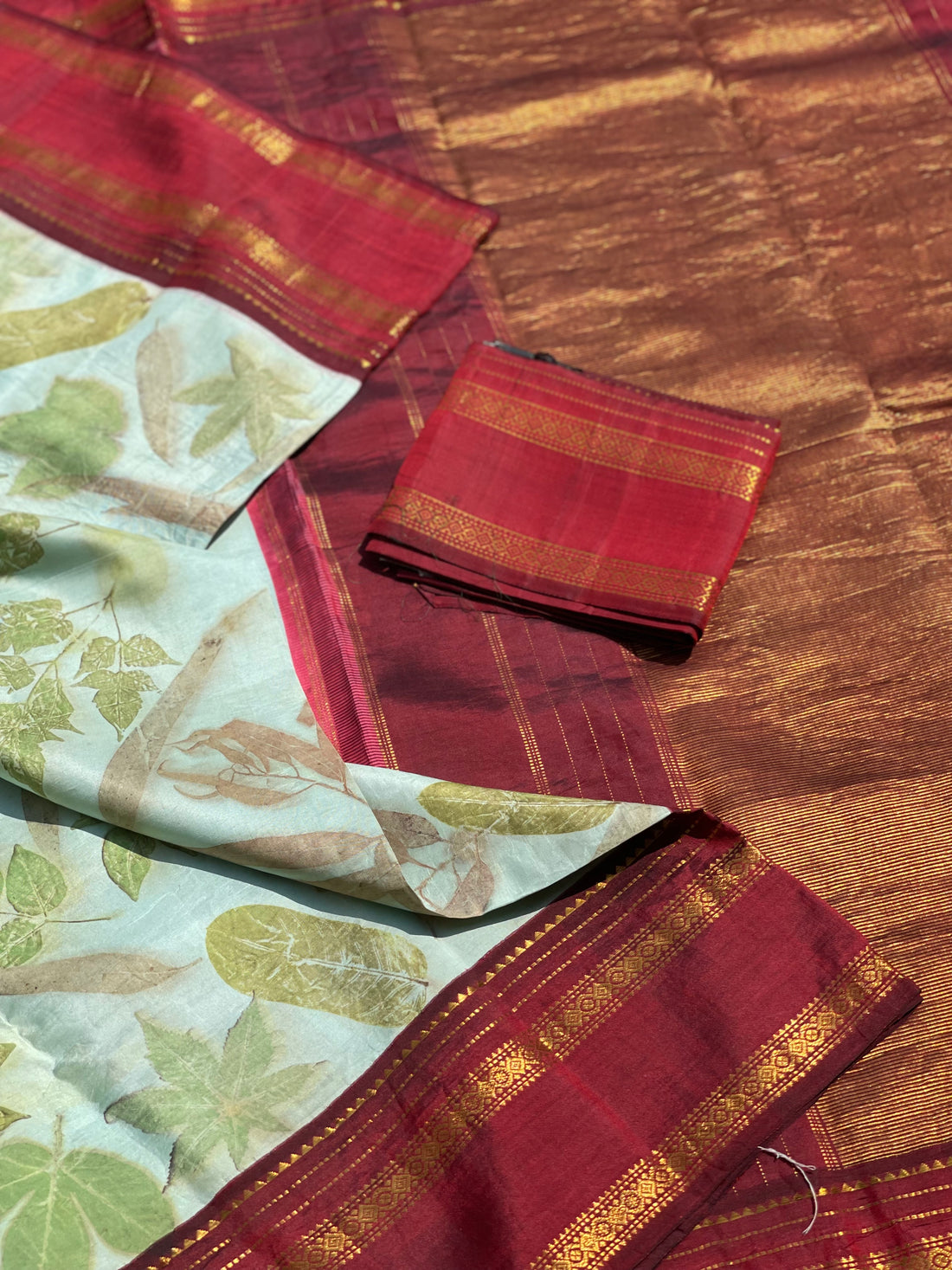 A MintBlue Natural handmade Ecoprints on Korvai Kanchivaram silk saree