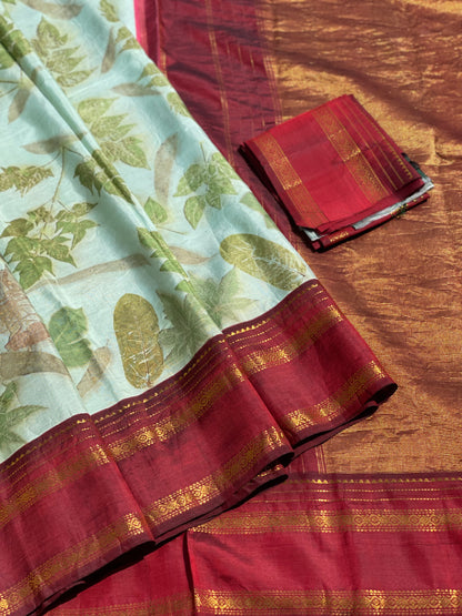 A MintBlue Natural handmade Ecoprints on Korvai Kanchivaram silk saree