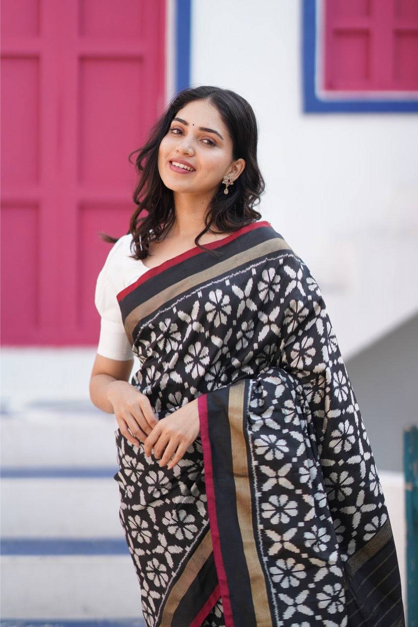 A contemporary premium mulberry silk ikkat saree VARNAVASTRAM