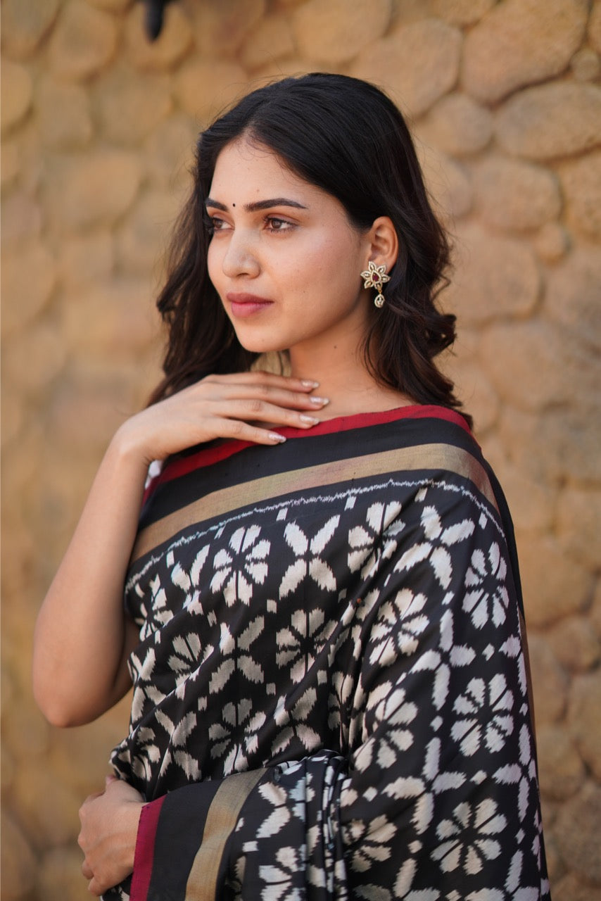 A contemporary premium mulberry silk ikkat saree