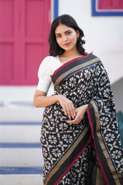 A contemporary premium mulberry silk ikkat saree