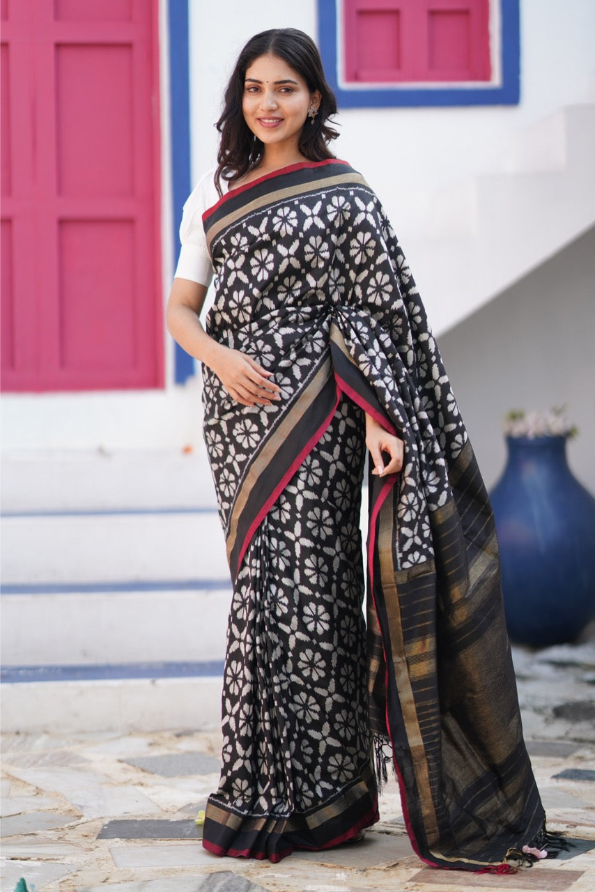 A contemporary premium mulberry silk ikkat saree