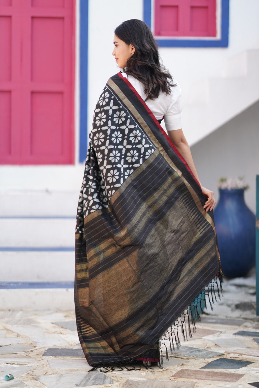 A contemporary premium mulberry silk ikkat saree