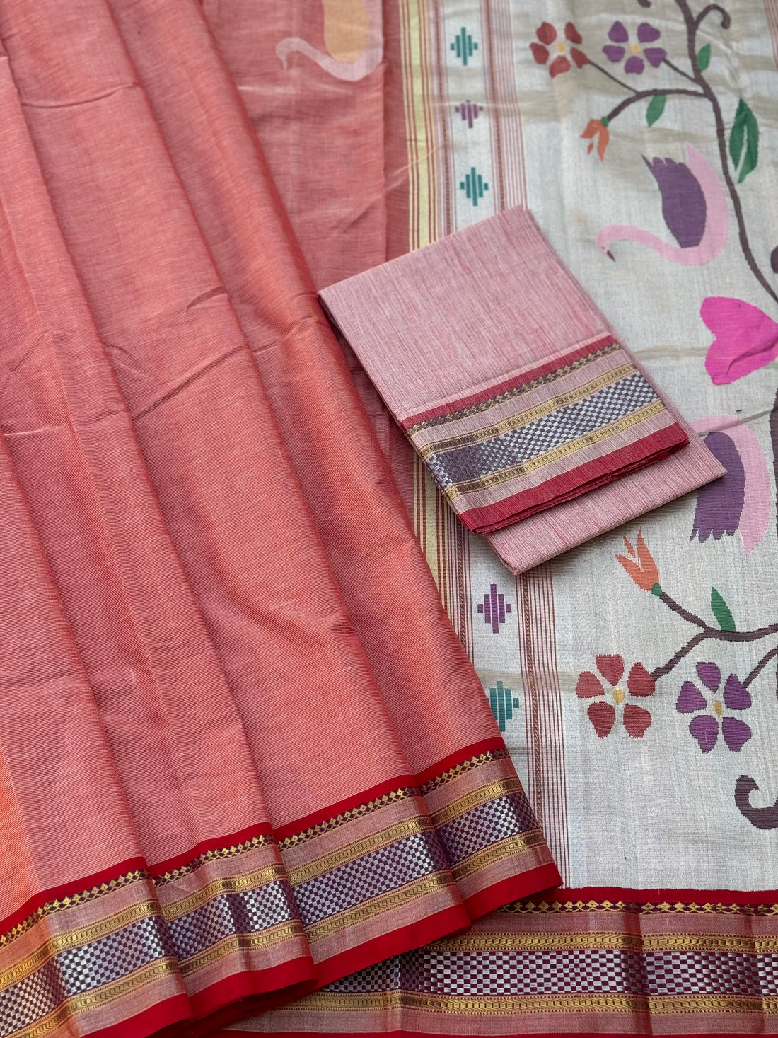 Salmon pink Paithani Cotton Saree With Zaristripes Body Tissue Paithani Pallu kadiyal Border Saree