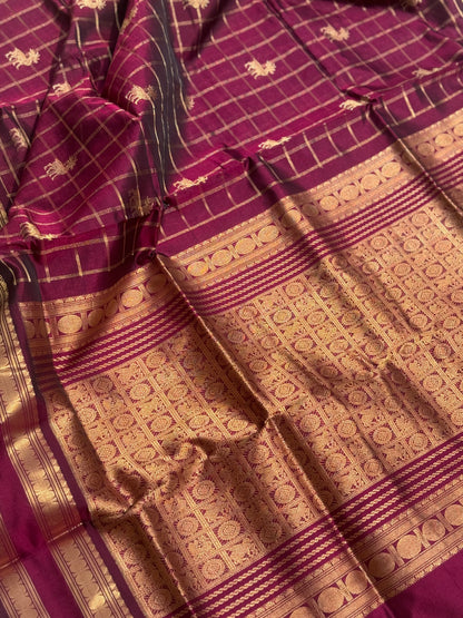 A gorgeous burgundy shade handwoven zari checks with deer motifs Kanchi  silk cotton saree