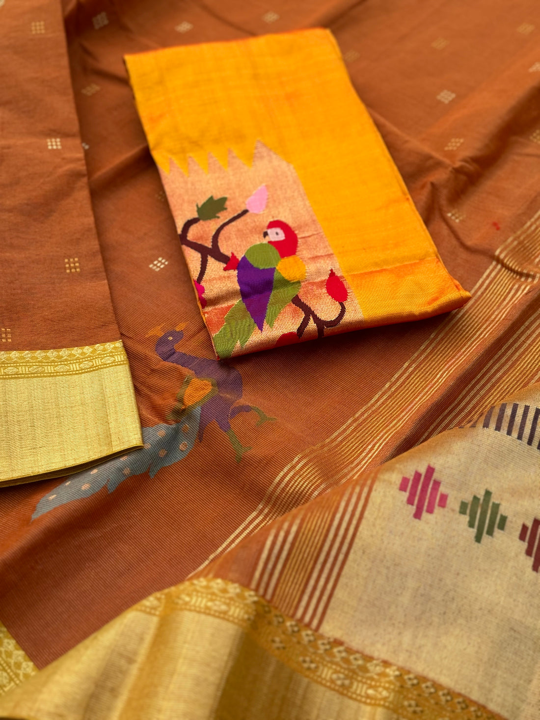 Rust orange with yellow Paithani Cotton Saree With Zaristripes Body Tissue Paithani Pallu kadiyal Border Saree