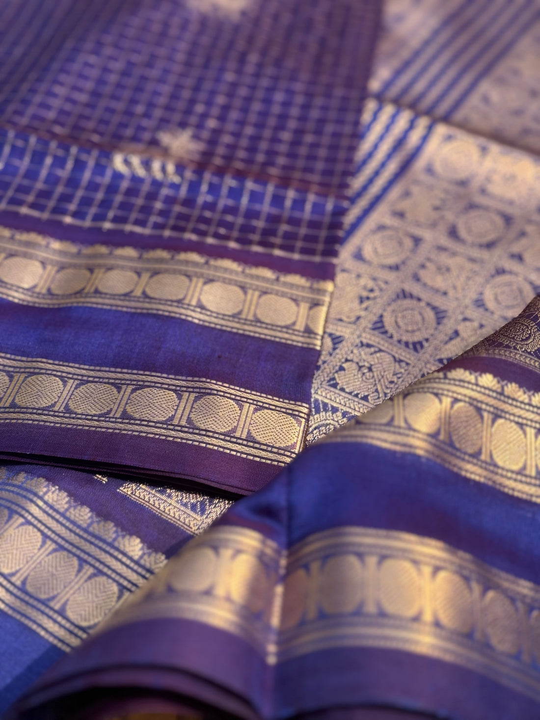 A gorgeous blue shade handwoven zari checks with deer motifs Kanchi silk cotton saree