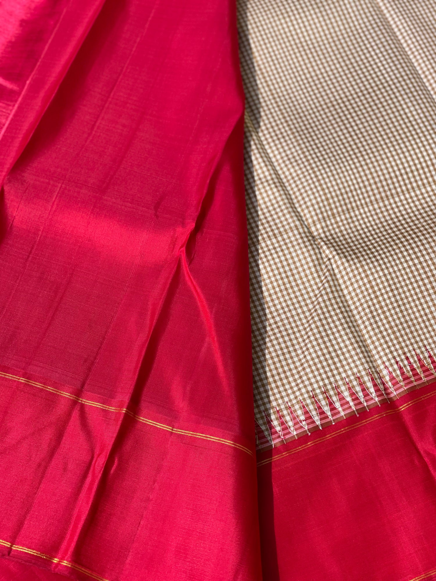 Minimal zari Korvai Kanchivaram silk saree in wheat with red shade