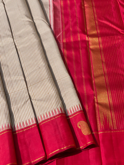 Minimal zari Korvai Kanchivaram silk saree in wheat with red shade