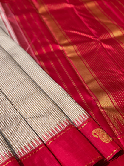 Minimal zari Korvai Kanchivaram silk saree in wheat with red shade