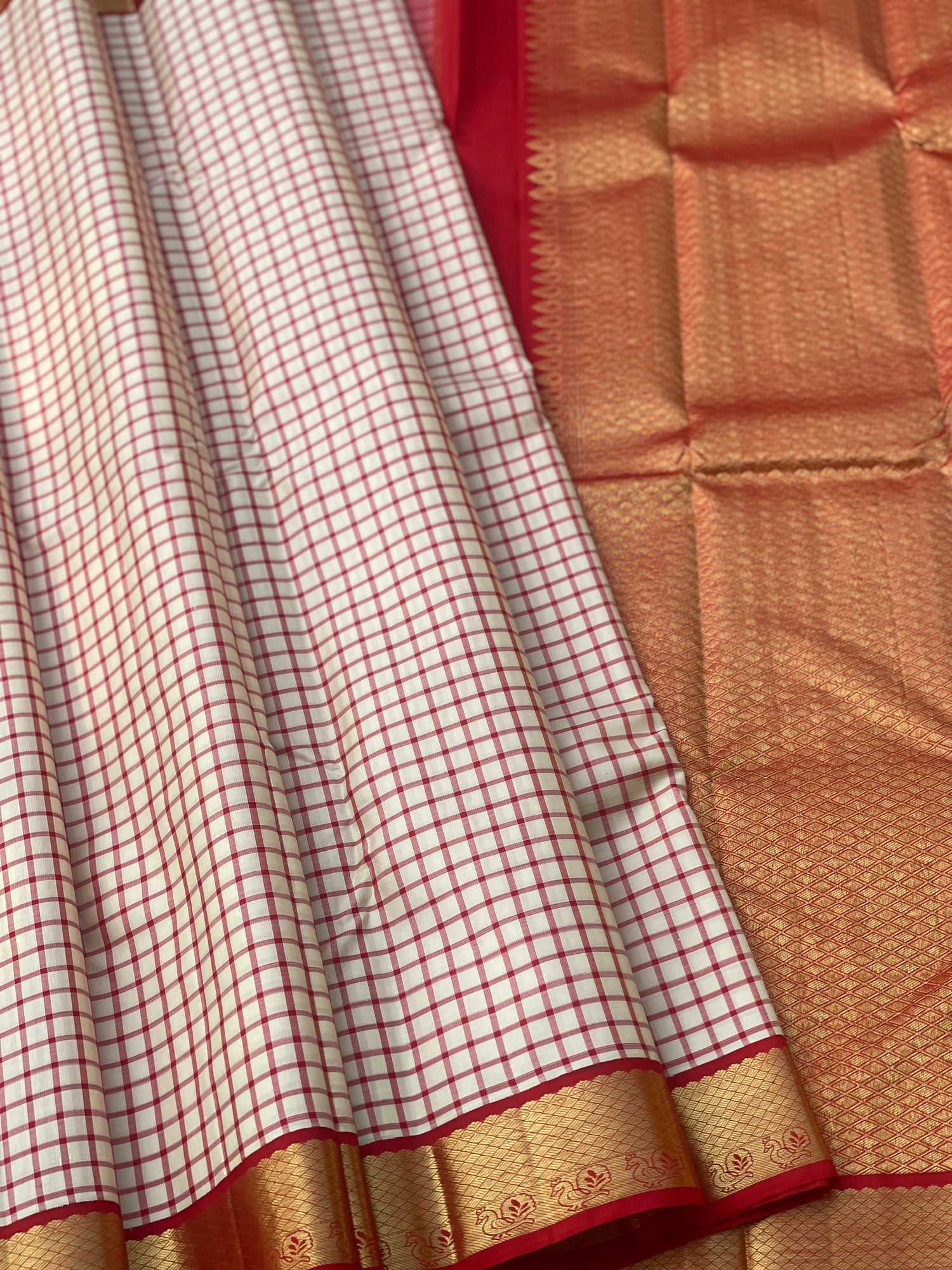 Korvai checks Kanchivaram Silk saree in off-white and red