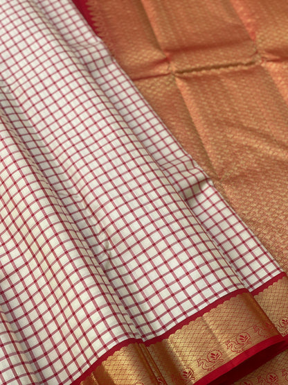 Korvai checks Kanchivaram Silk saree in off-white and red