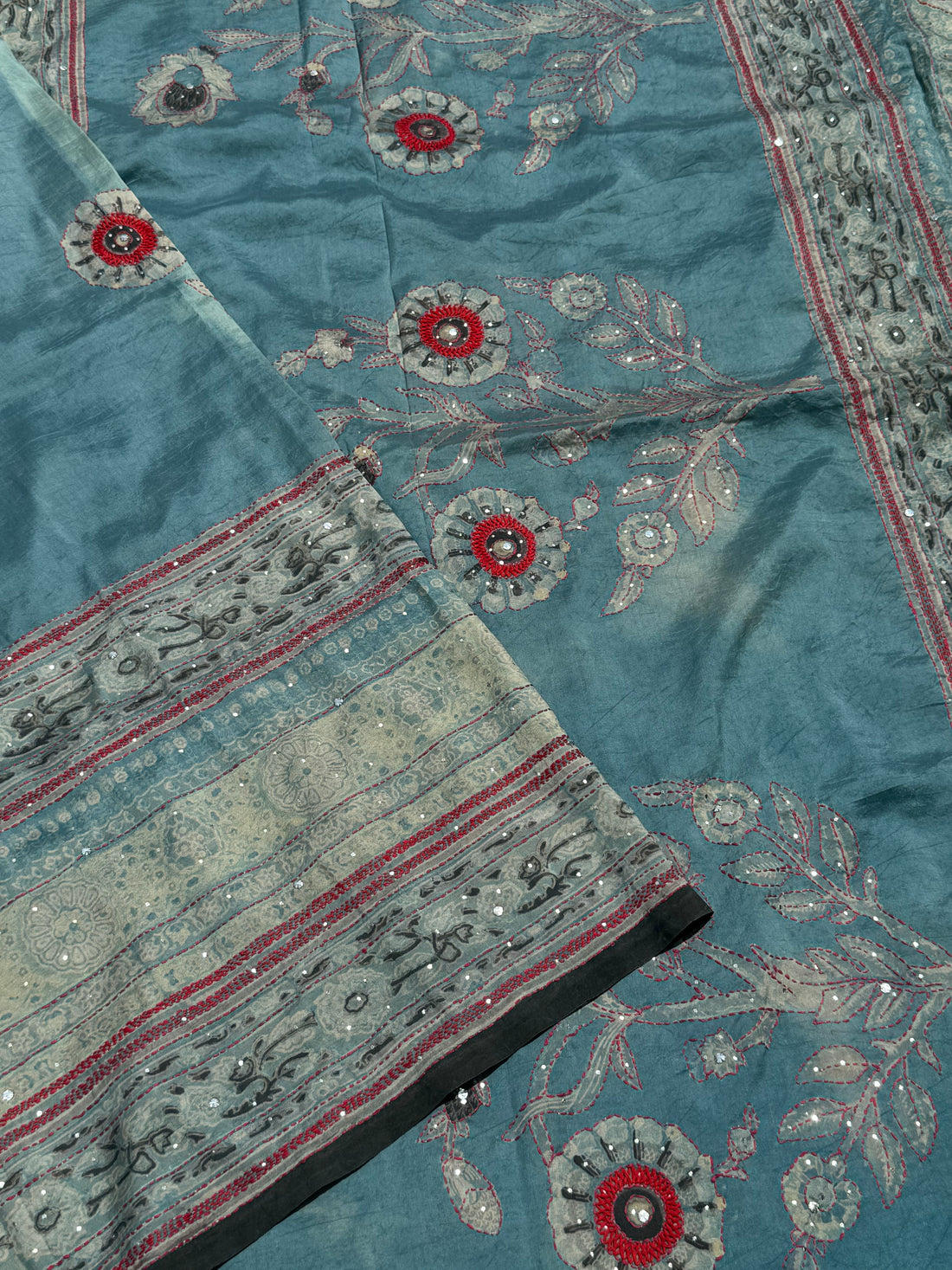 Pracheen Natural dye Ajrakh Mulberry silk with kathawork and Mukesh bald embroidery fusion work