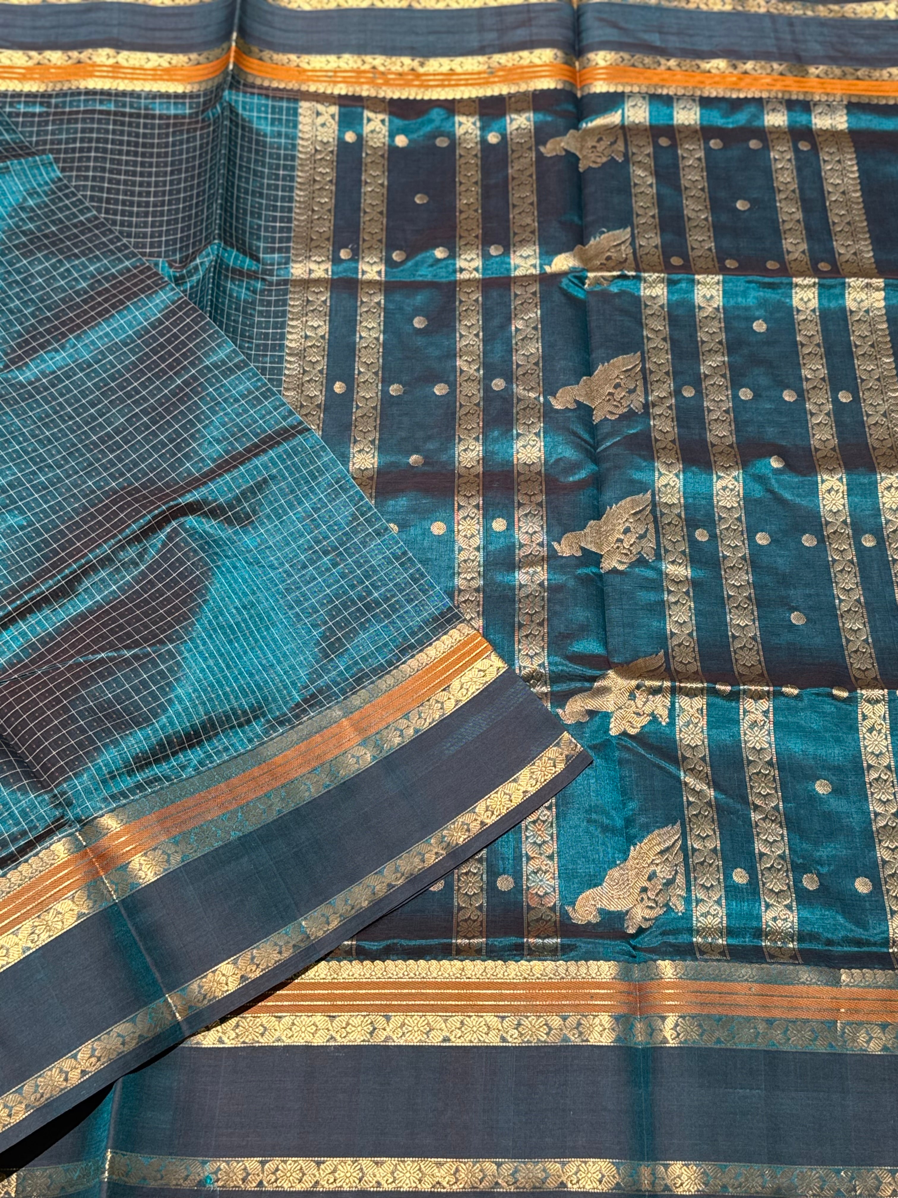 Lakshadeepam Kanchi silk cotton saree in teal peacock blue shade zari woven (Copy)