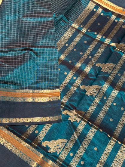 Lakshadeepam Kanchi silk cotton saree in teal peacock blue shade zari woven (Copy)