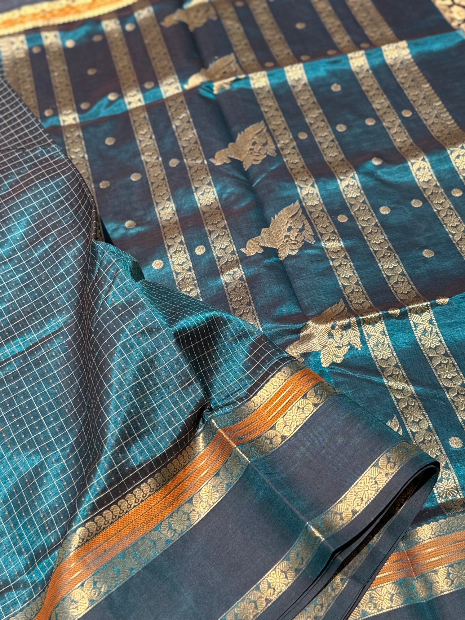 Lakshadeepam Kanchi silk cotton saree in teal peacock blue shade zari woven (Copy)
