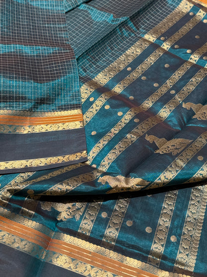 Lakshadeepam Kanchi silk cotton saree in teal peacock blue shade zari woven (Copy)