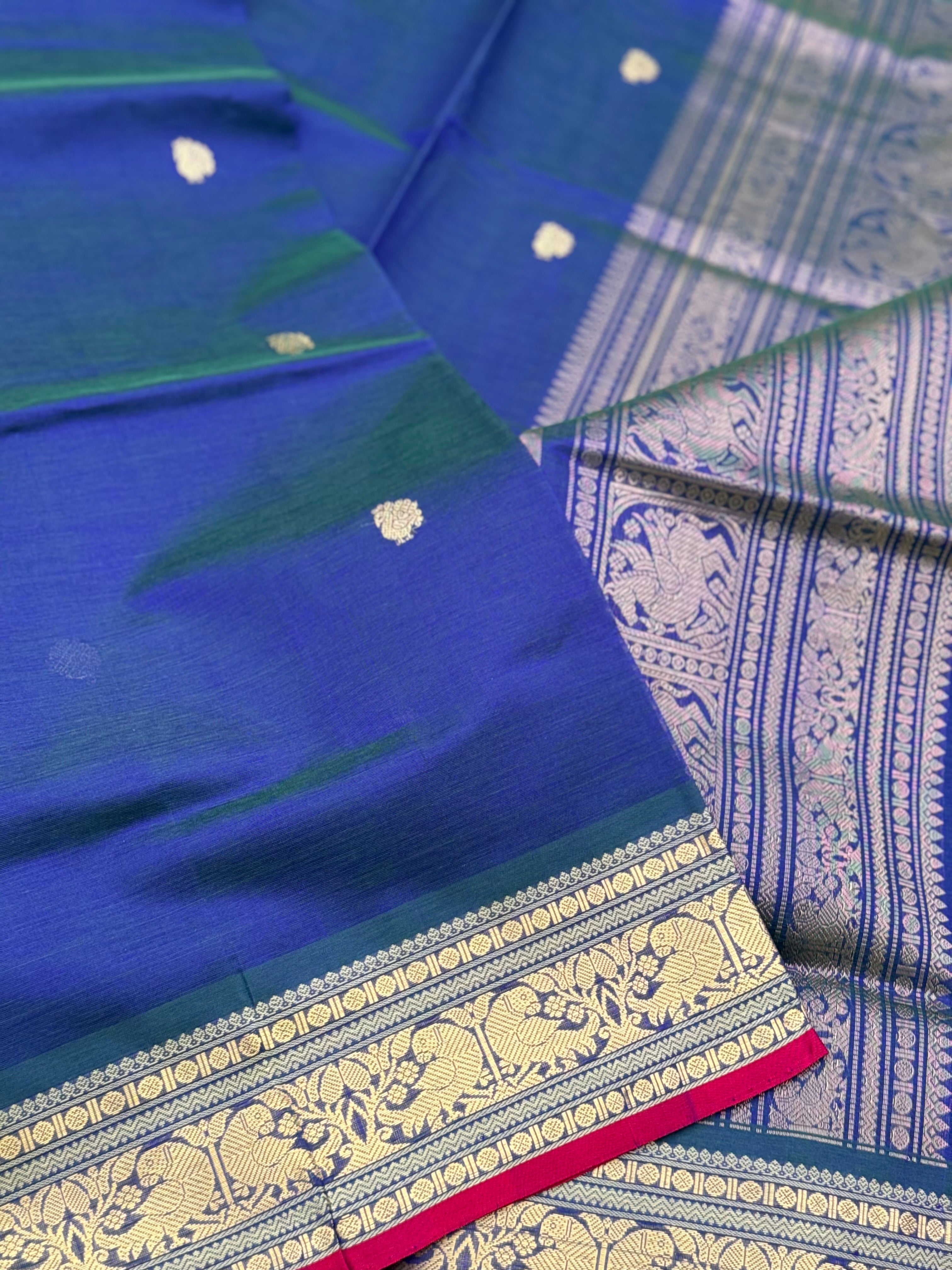 Peacock teal with royal blue Kanchi silk cotton saree with conia buttas