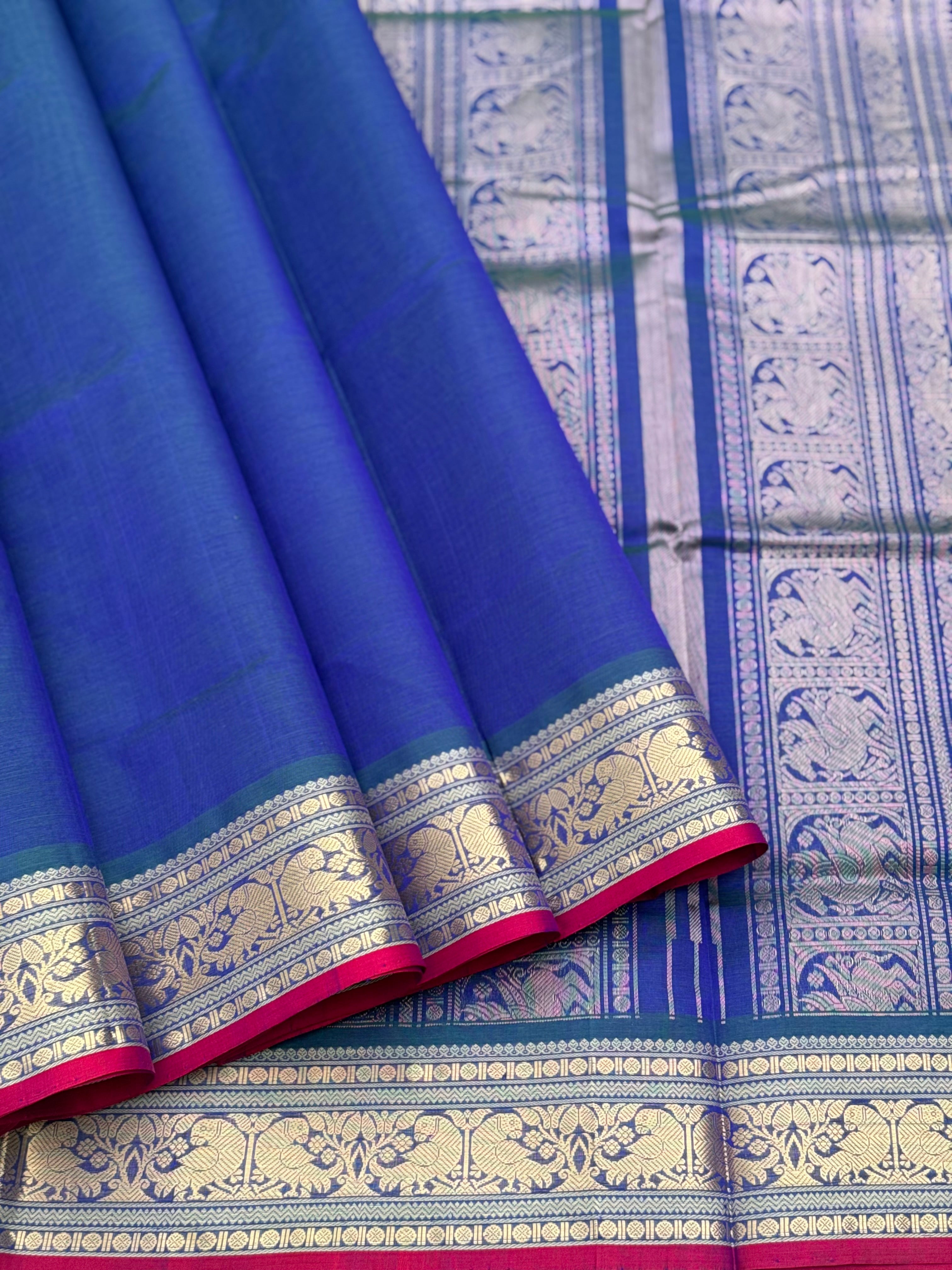 Peacock teal with royal blue Kanchi silk cotton saree with conia buttas