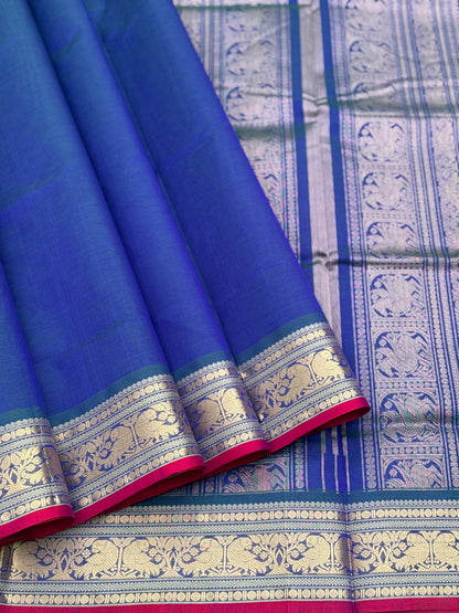 Peacock teal with royal blue Kanchi silk cotton saree with conia buttas
