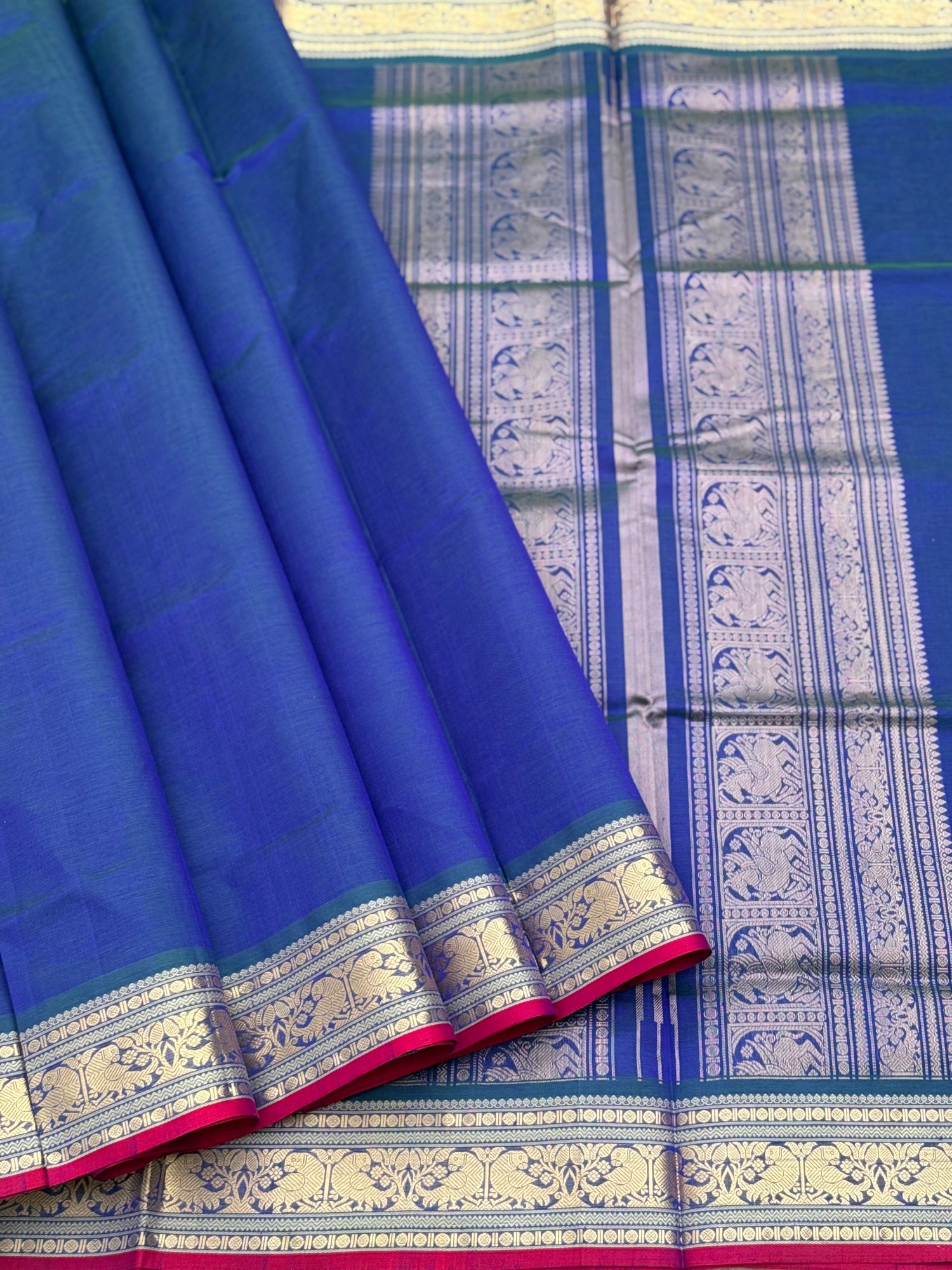 Peacock teal with royal blue Kanchi silk cotton saree with conia buttas