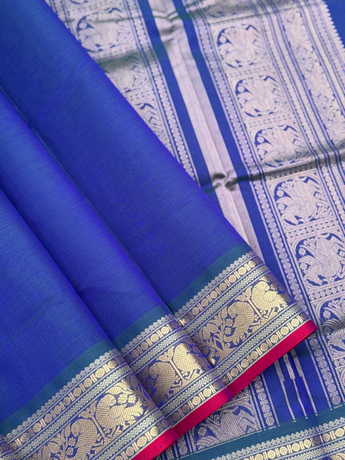 Peacock teal with royal blue Kanchi silk cotton saree with conia buttas