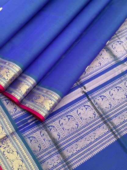 Peacock teal with royal blue Kanchi silk cotton saree with conia buttas