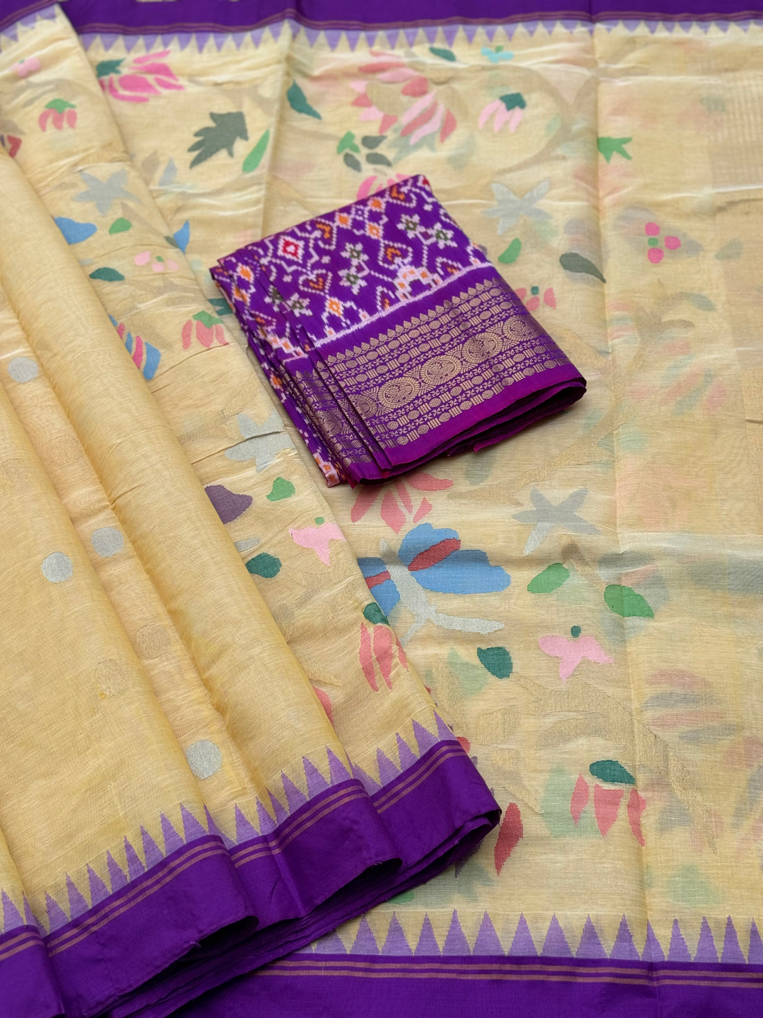 Handspun Ponduru Khadi pallu and blouse full jaal Jamdani Saree in pastel yellow
