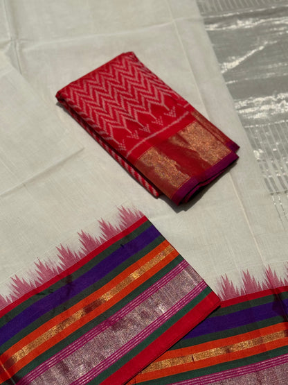 Handspun and handwoven ponduru Khadhi cotton saree with silk dobby border in contrast pink with red