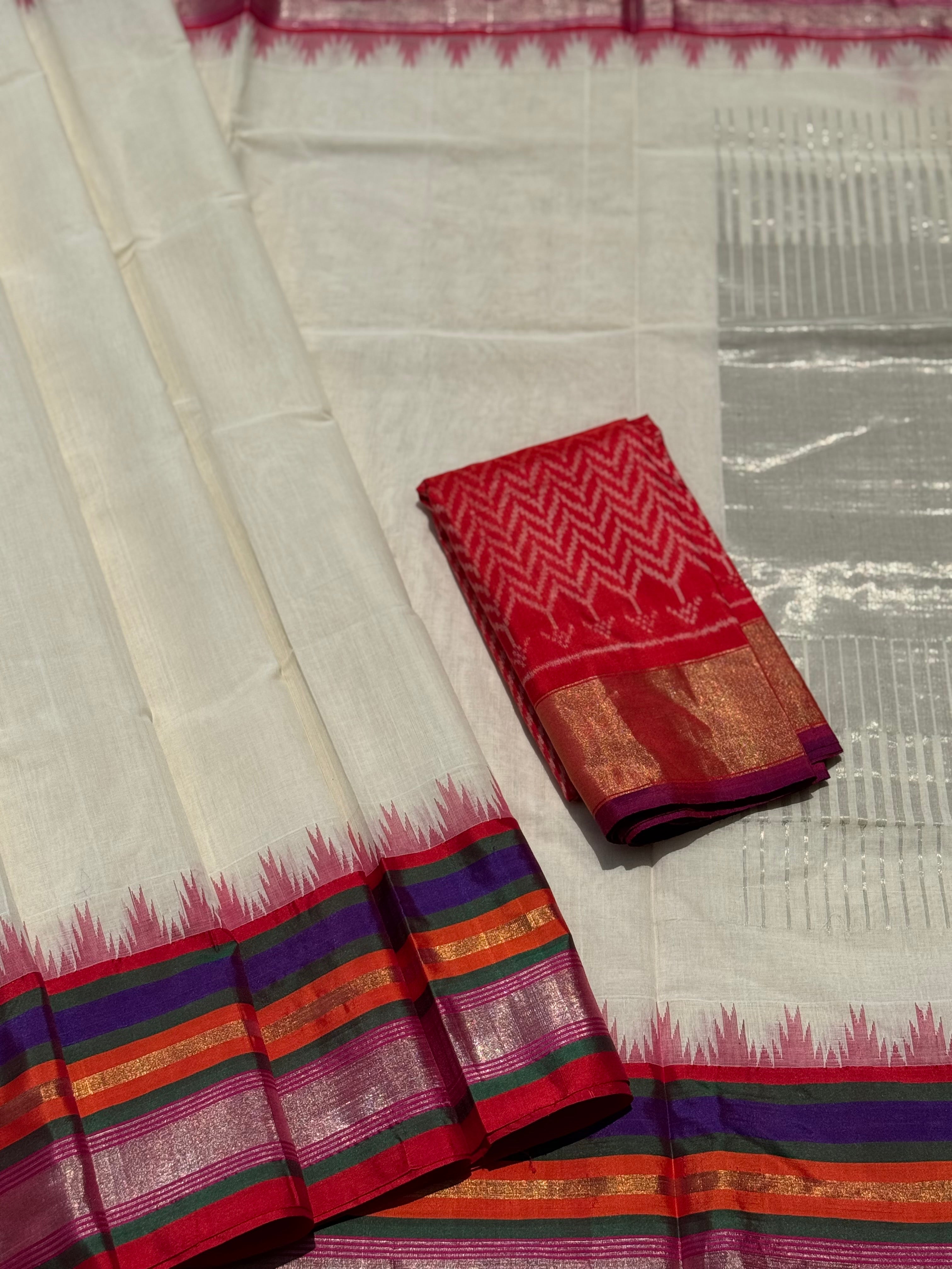 Handspun and handwoven ponduru Khadhi cotton saree with silk dobby border in contrast pink with red