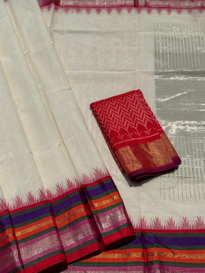 Handspun and handwoven ponduru Khadhi cotton saree with silk dobby border in contrast pink with red
