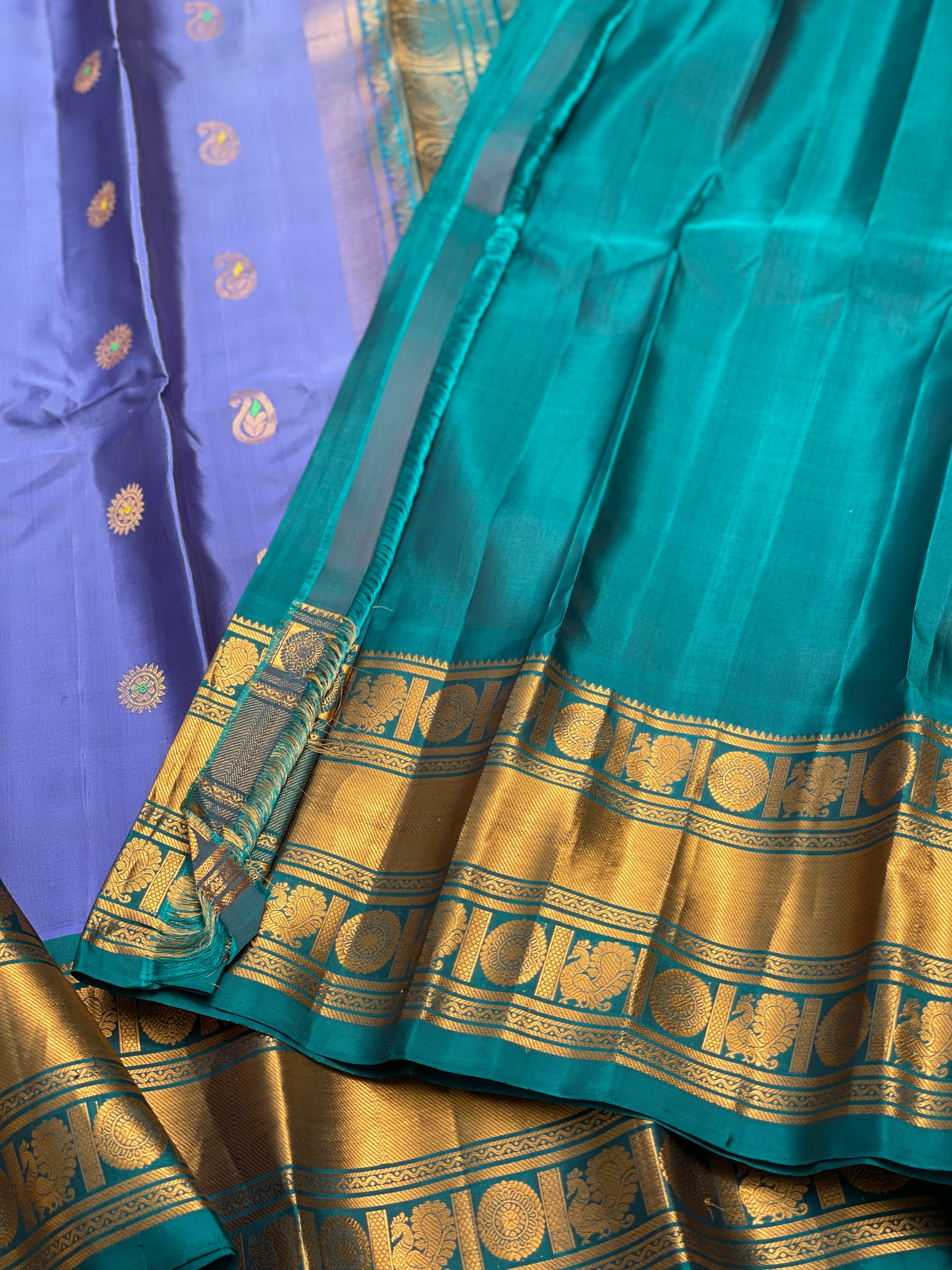 CornFlower Blue Gadwal silk saree with Kanchi turning border