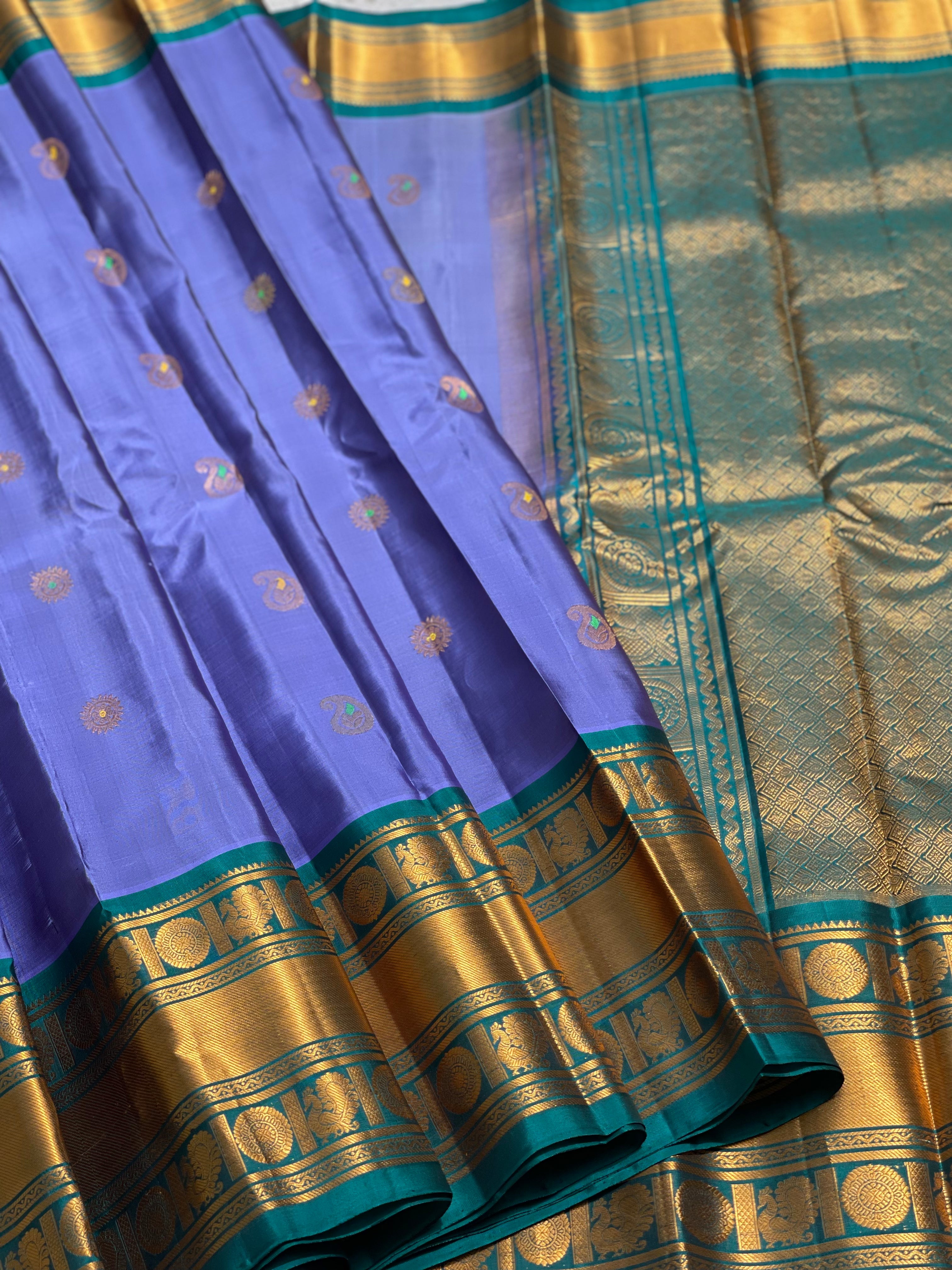 CornFlower Blue Gadwal silk saree with Kanchi turning border